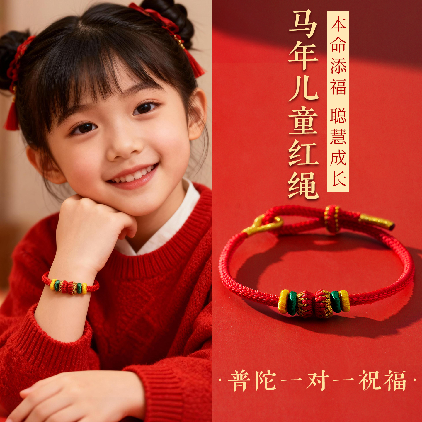 普陀山直发2026马年儿童本命年红绳编织绳手链属马吉祥佩戴物好运