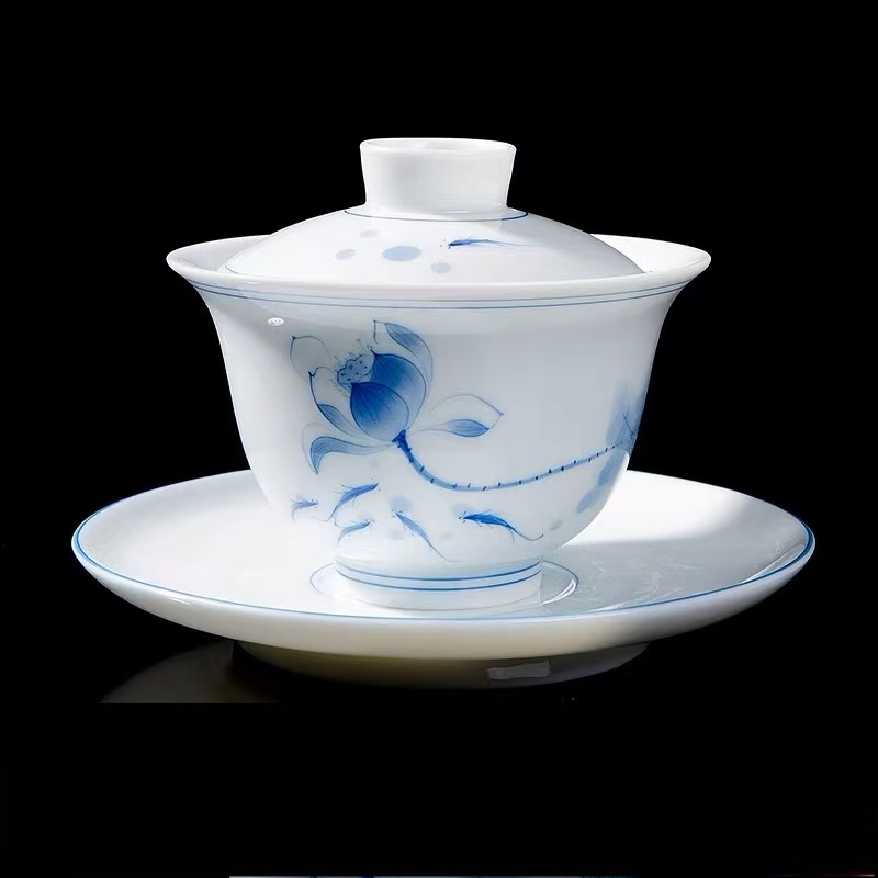 釉下手绘荷韵青花陶瓷三才盖碗高档简约釉下彩中式手工复古泡茶碗