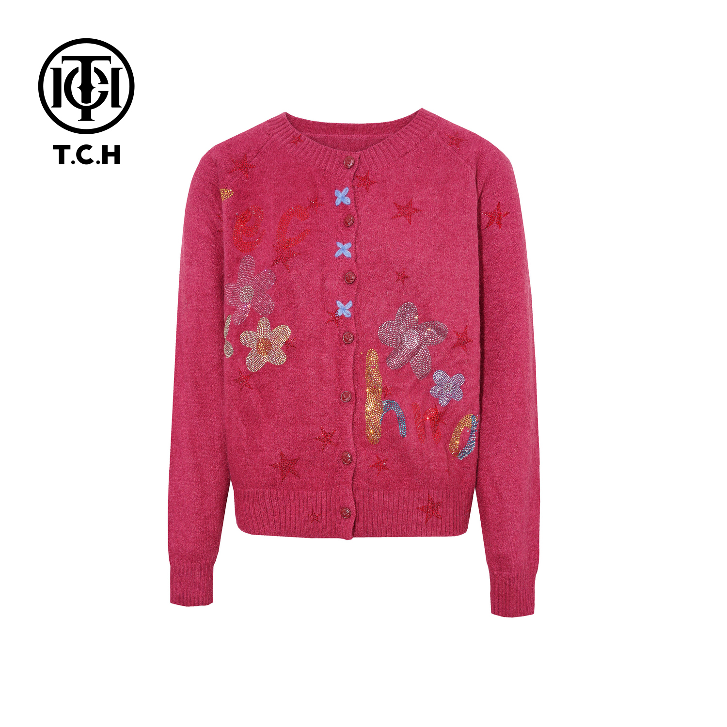 TCH【时尚百搭】冬款时尚烫钻玫红色休闲女装针织开衫T75D43E1089