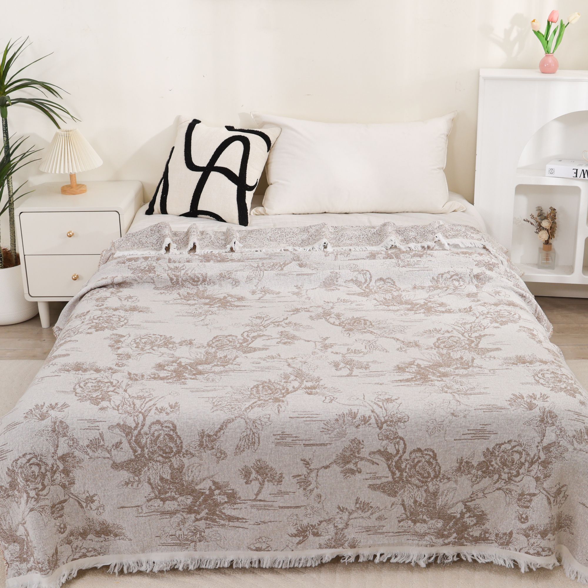 【流苏-单人花微语-灰-150】150*200cm高端轻奢罗布麻精梳纱床盖