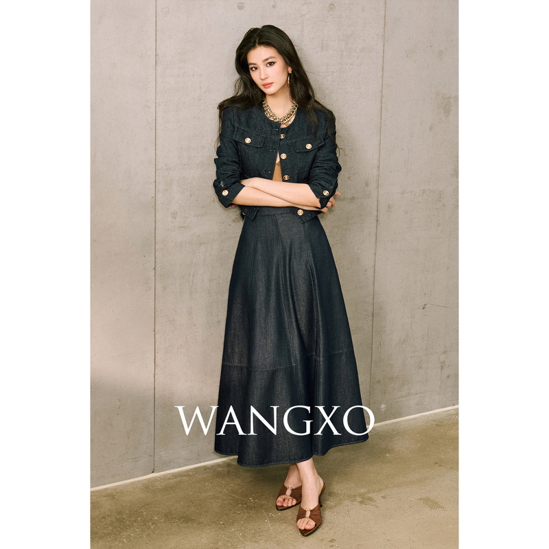 WANGXO 亮丝牛仔贴袋正肩外套半裙套装  253785W/250790W
