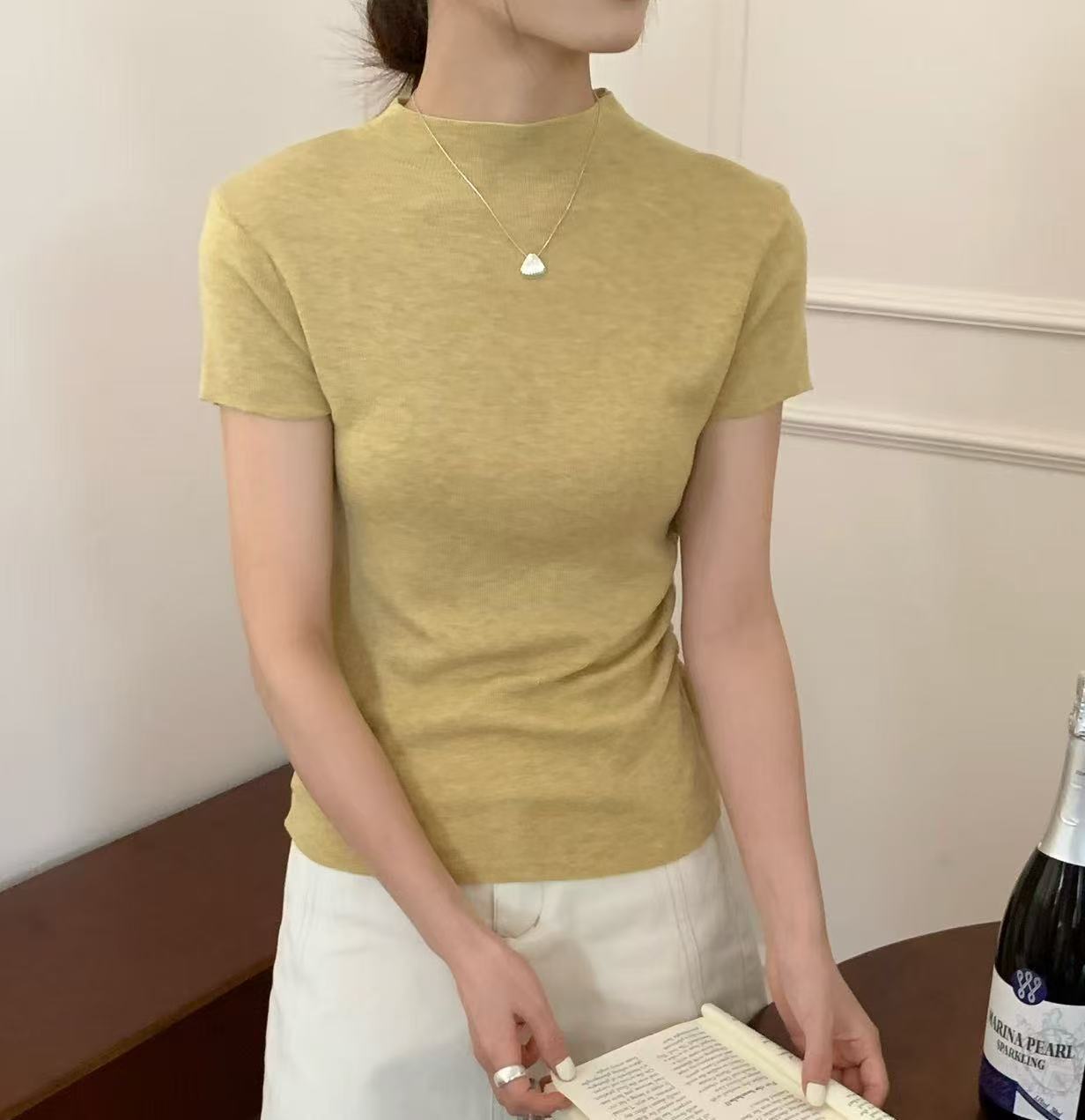 5466号6669#秋百搭立领休闲气质侧抽绳针织短袖