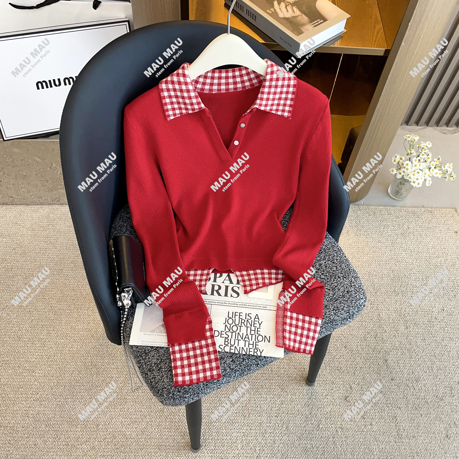 假两件格子拼接v领针织衫女内搭polo打底衫短款上衣DY9730