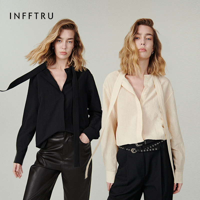 INFFTRU/2025秋季新款缠绕领衬衫简约休闲宽松百搭上衣女装