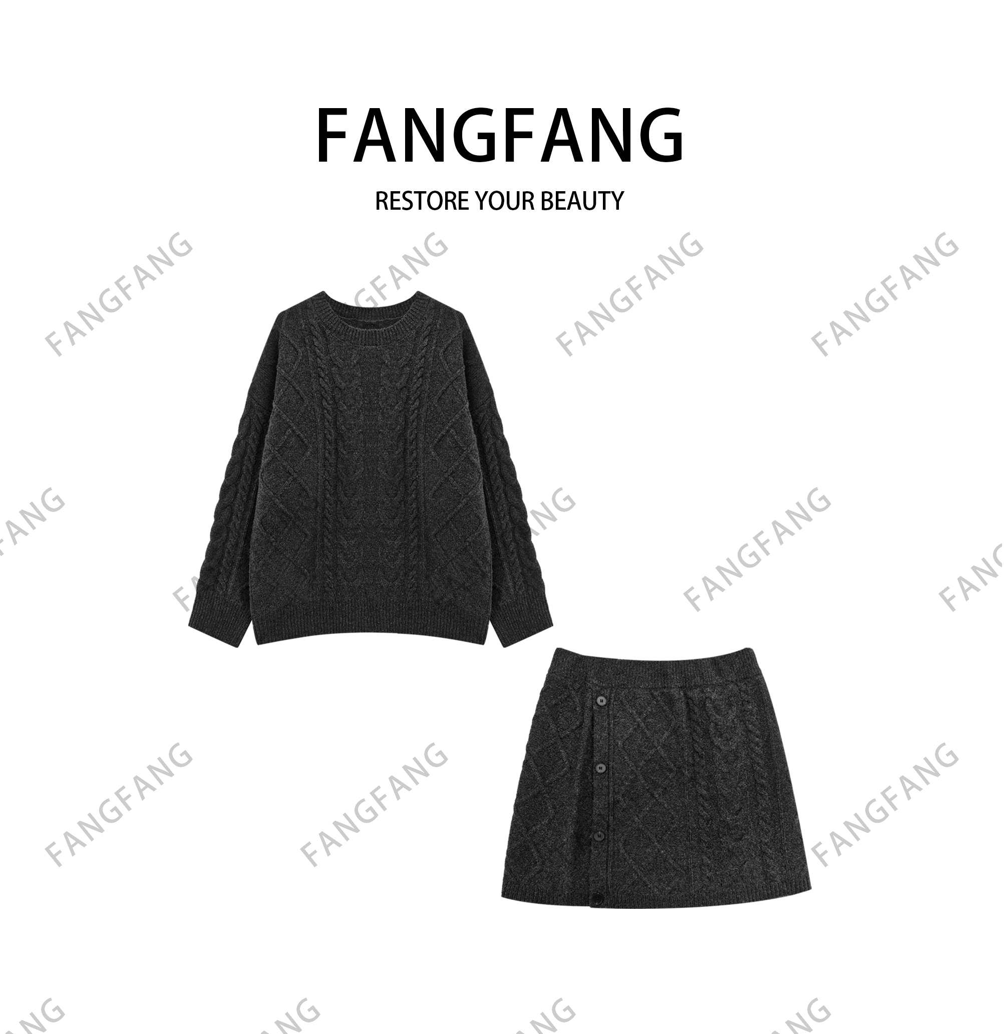 F.F时尚套装休闲厚款长袖针织圆领上衣+短裙两件套98075