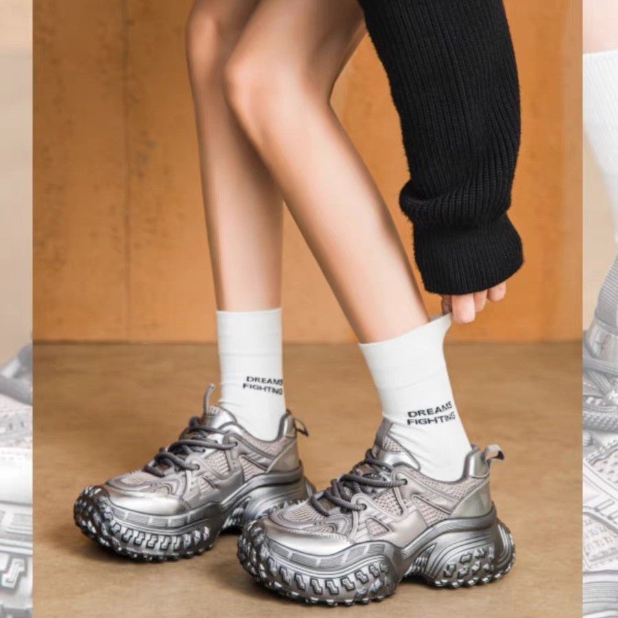 79-1法式榴莲轮胎底老爹鞋女秋爆款透气小个子增高超轻休闲鞋浅口