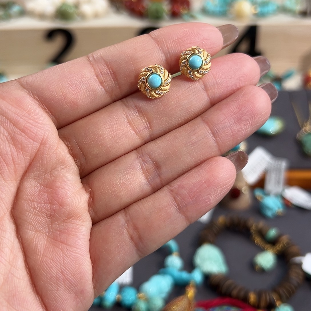 绿松石银S925镀金镶嵌法式蕾丝耳钉