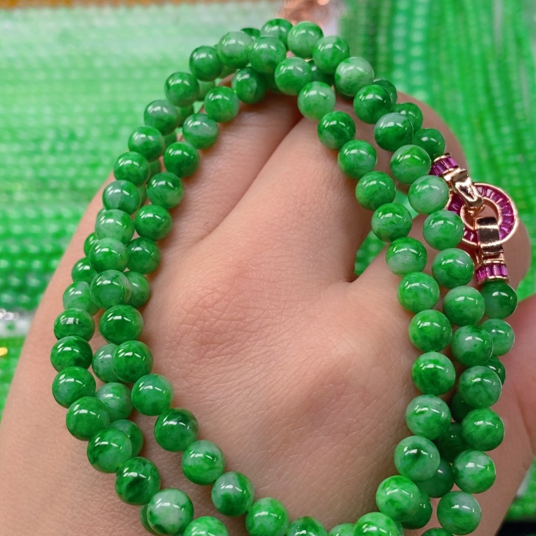 翡翠颈饰未镶嵌缅甸天然翡翠辣阳绿项链6.2m' m