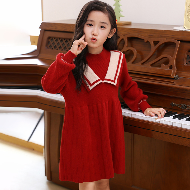 女童新年红色连衣裙2024新款洋气儿童大童冬装裙子女孩秋冬毛衣裙