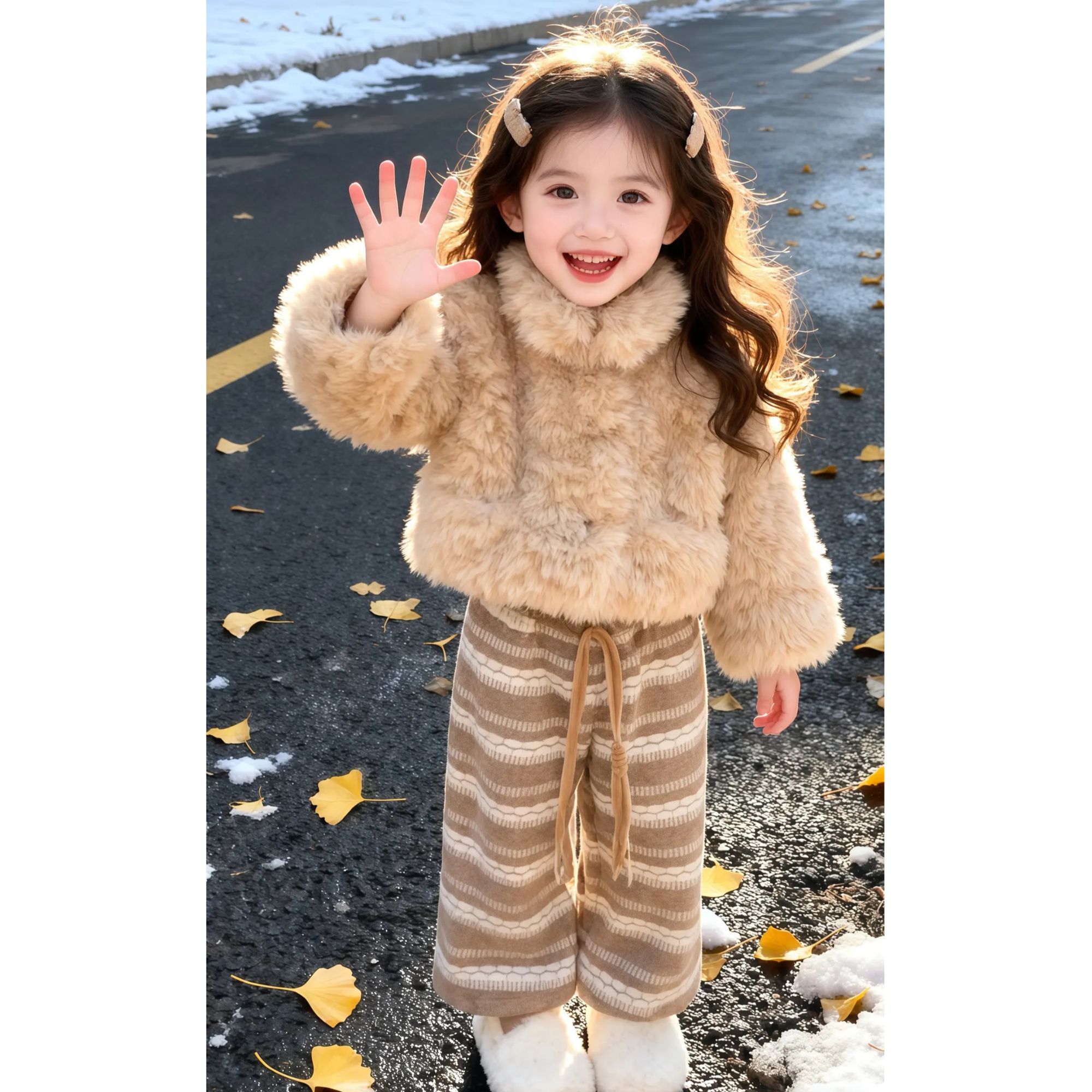 女童冬款毛毛外套装2025新款儿童韩版软糯毛茸茸加绒阔腿裤两件套