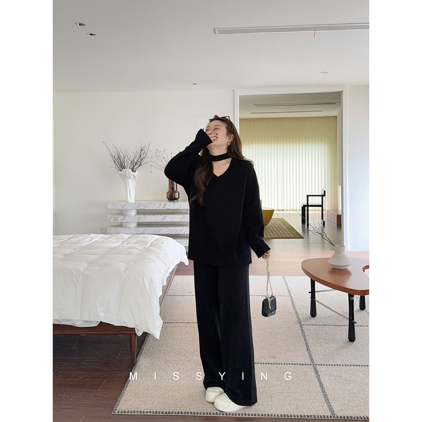 应小姐【温柔随笔2.0】微胖大码秋款慵懒法式显瘦针织上衣+长裤套装