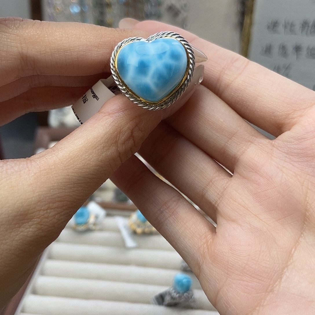 子****水晶戒指银S925镶嵌海纹石爱心