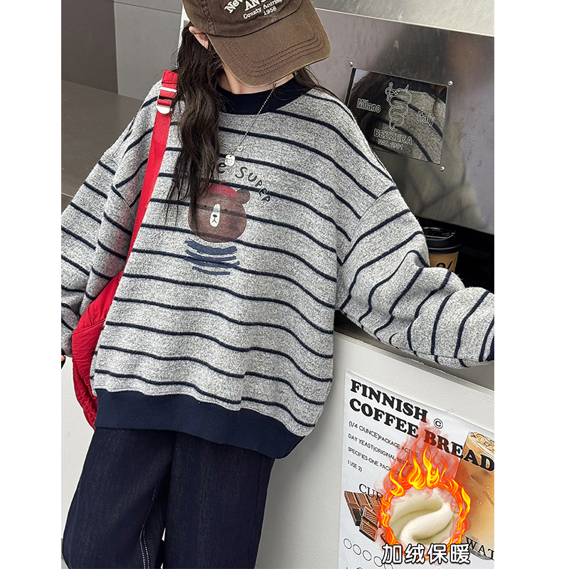 女童加绒卫衣2025新款儿童秋冬长袖一体绒中大童冬季条纹加厚上衣