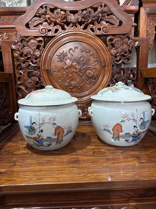 手绘粉彩粥罐一对手工复古