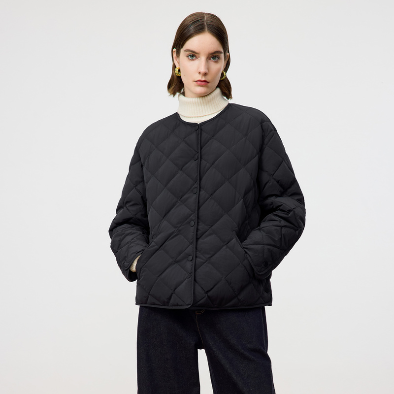 寺山文也 暄煦/95白鹅绒菱形格防风保暖圆领短款轻薄羽绒服女秋冬