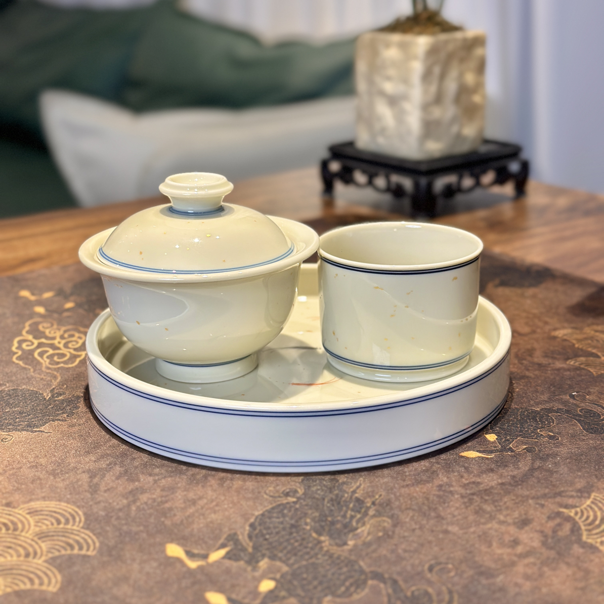 景德镇立勤堂手工手绘2号釉鱼澡纹洒金盖碗壶承主人杯简约时尚