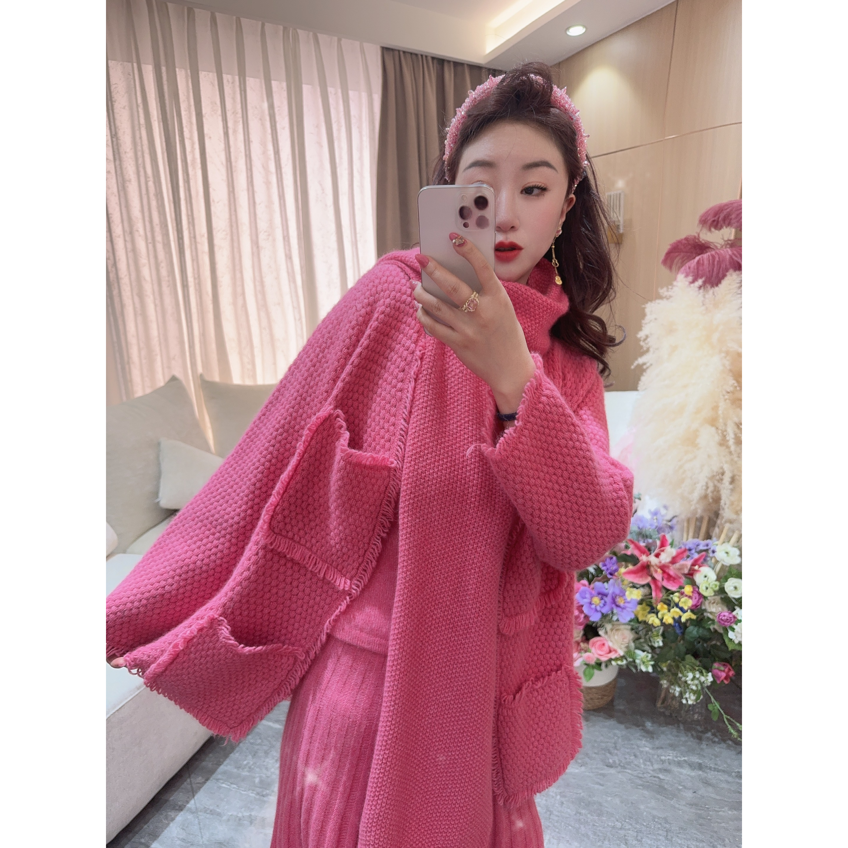 独宠【粉式主义】高级气质显瘦网红四口袋开衫秋冬时尚外套粉色