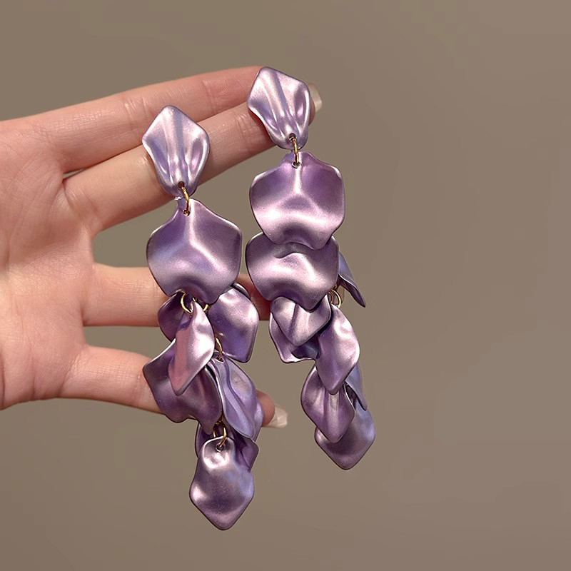 复古夸张紫色流光花瓣耳环女轻奢个性小众高级感耳钉长款精致耳饰