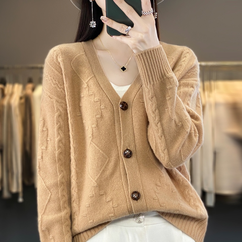 白家【100羊毛】菱格V领开衫轻奢感精致外套上衣07-084