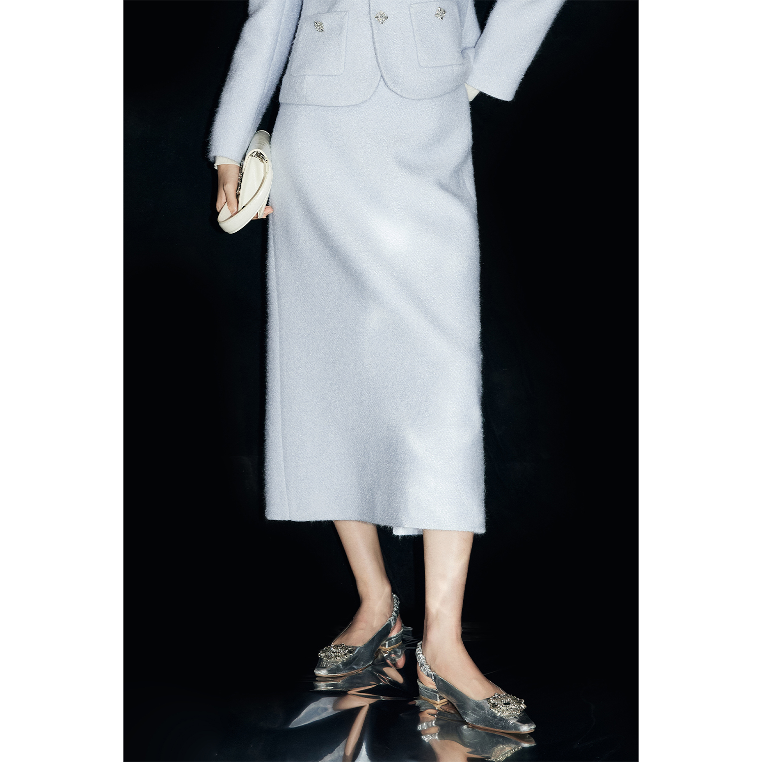 MandyZhang法式千金感蓝色直筒半身裙女秋冬新款高腰气质开衩裙子