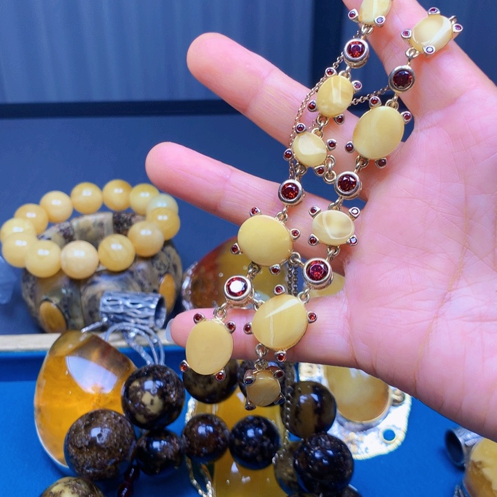 琥珀颈饰银S925镀金镶嵌波兰设计款琥珀蜜蜡