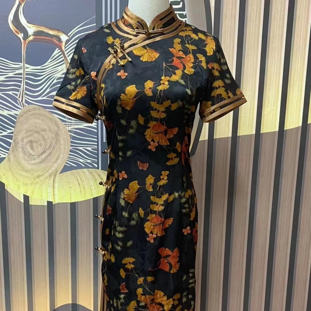 【黑色银杏叶】2024夏新款气质中国风修身复古淑女日常长款旗袍