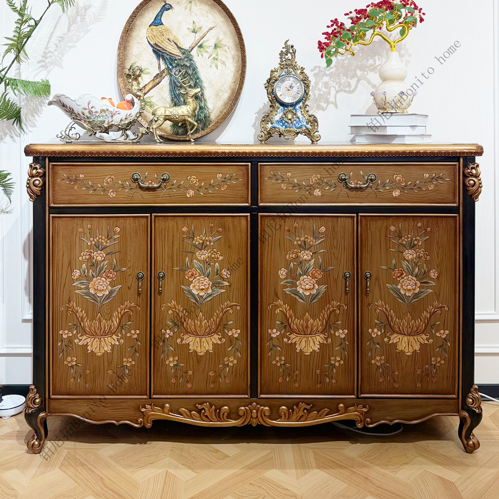 Bonito外贸尾单美式乡村彩绘花篮四门两斗柜储物柜收纳柜家用客厅