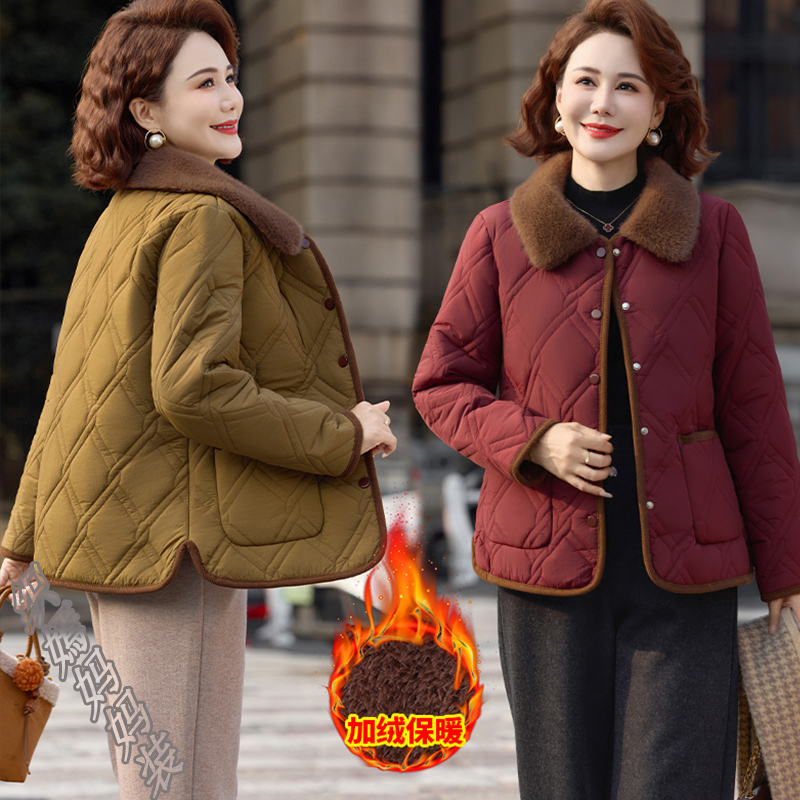 2025新款妈妈冬装加绒厚棉服外套中老年女装洋气保暖翻领小棉衣袄