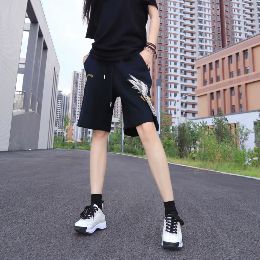 HA 夏季潮牌烫钻字母印花羽毛翅膀宽松纯棉五分休闲短裤 男女同款
