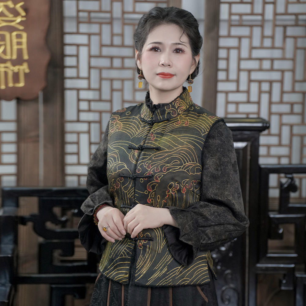 [醉墨浪亭]香云纱服饰黑色彩绘盘扣坎肩马甲冬季保暖背心C21082