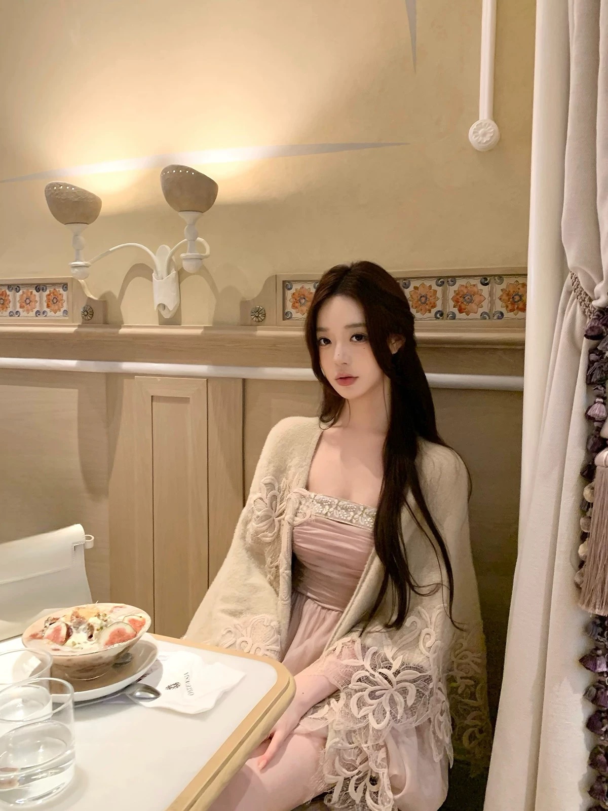 秀智【晚秋清霜】新中式抹胸长款夏季气质蕾丝复古温柔连衣裙披肩