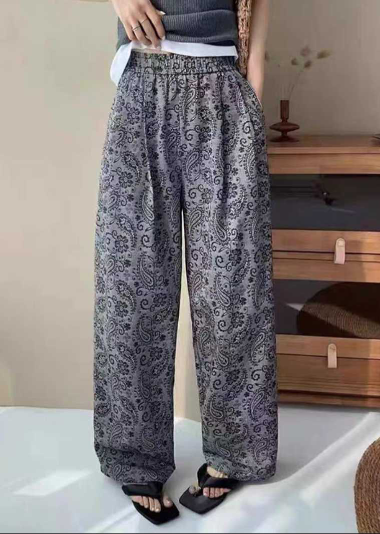 夏季高腰宽松显瘦果花阔腿裤百搭休闲直筒女装