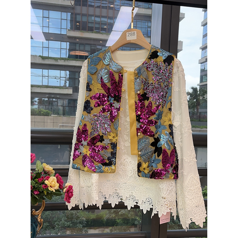 【孤品暗黄亮片马甲】紫花叶子新中式刺绣古风重磅亮片马甲