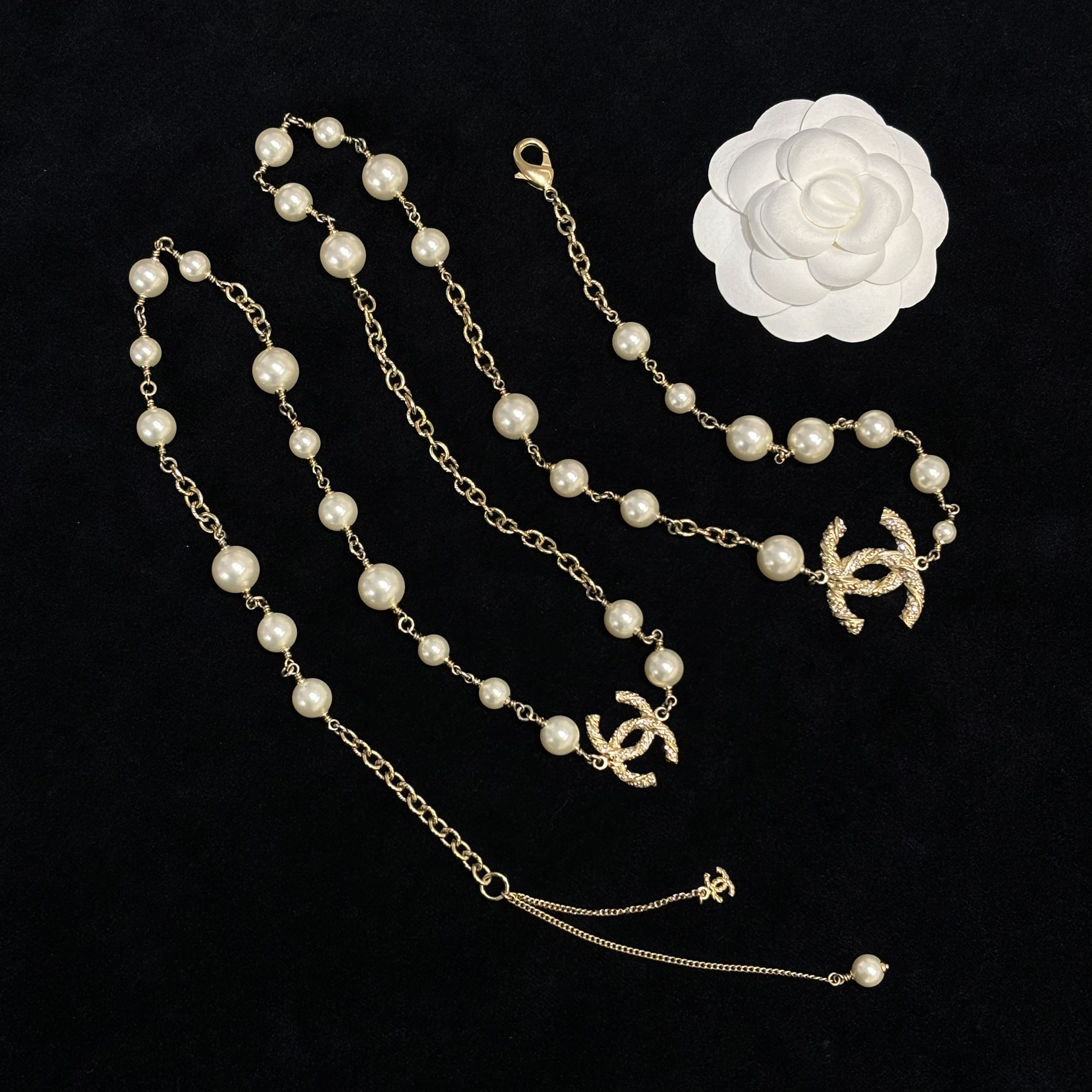 95新 Chanel/香奈儿 Chanel13p纽结满钻双C珍珠长项链36162101