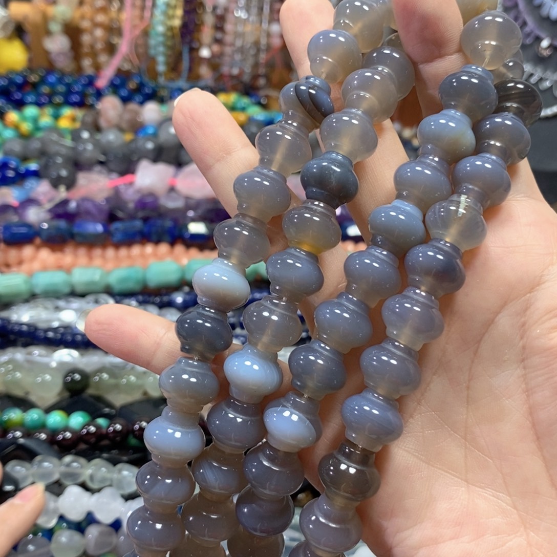 玛瑙/玉髓未镶嵌珠宝半成品灰玛瑙灯笼珠一条卡14mm