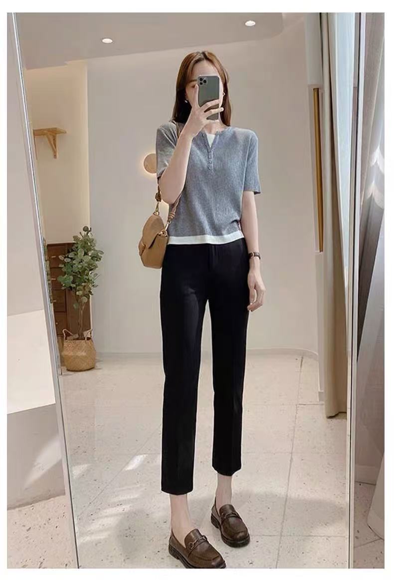 【杭州•简S奕】NN3244-时尚女装设计感休闲裤高腰薄款小个子