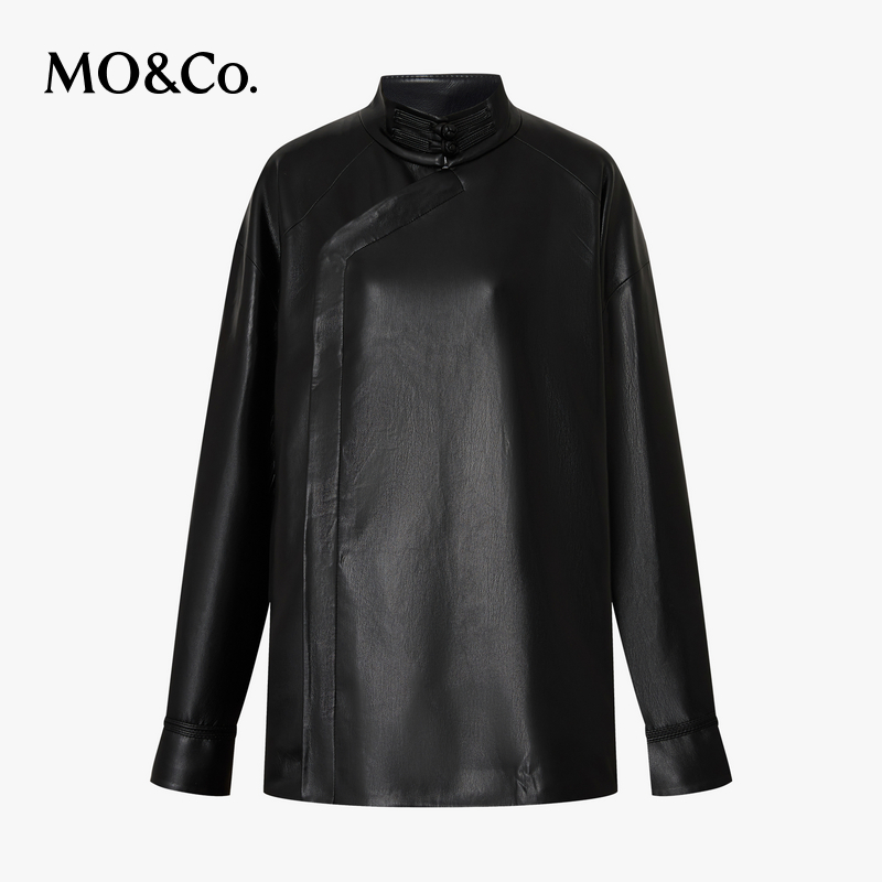 【达人专享】MOCO外套立领盘扣斜襟轻摇滚素皮撞色翻袖MBE1COT015
