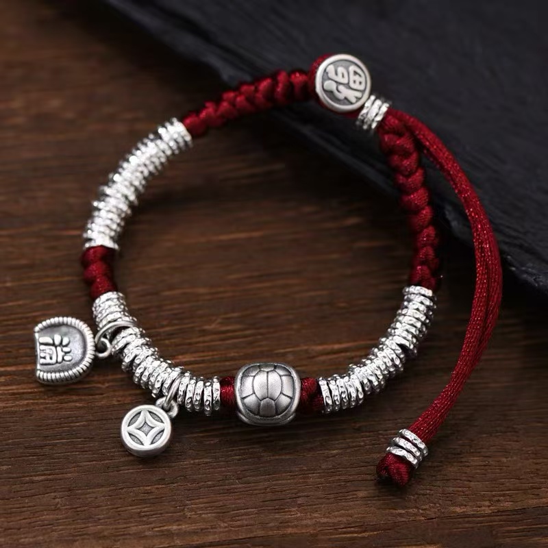 足银手链 足银999锤纹盘缠手链银坨坨胖福五帝钱原创设计手工编绳