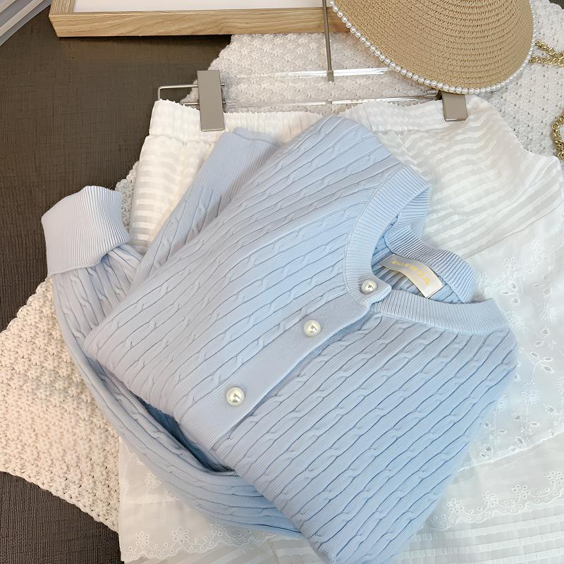 奶fufu蓝色麻花针织开衫秋季新款薄荷曼波软糯慵懒圆领显瘦上衣