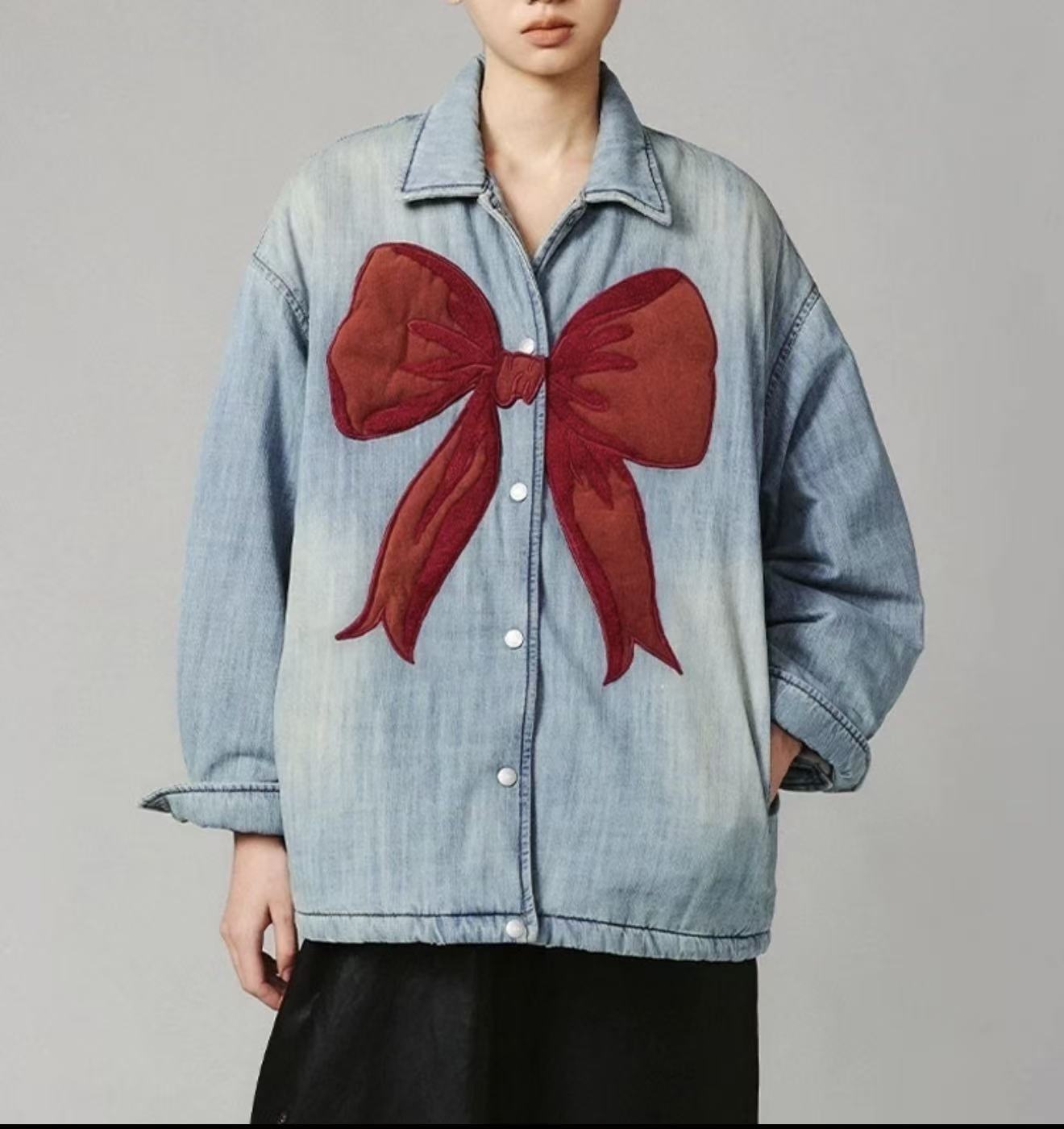 秋冬休闲厚款刺绣蝴蝶结夹棉牛仔外套长袖