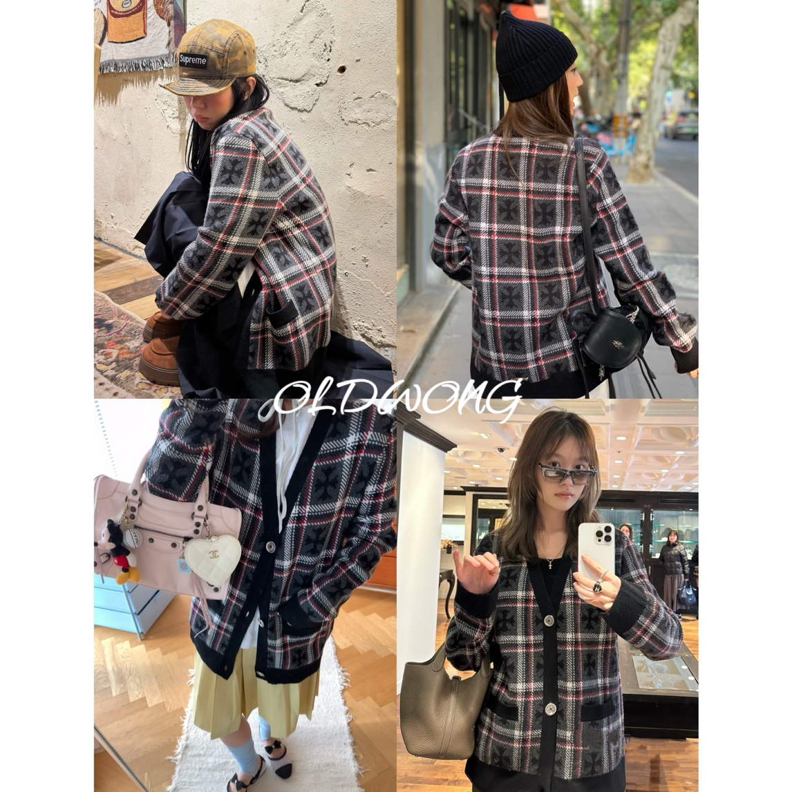 OLDWONG“暗纹十字”英伦格子暗纹提花V领针织开衫