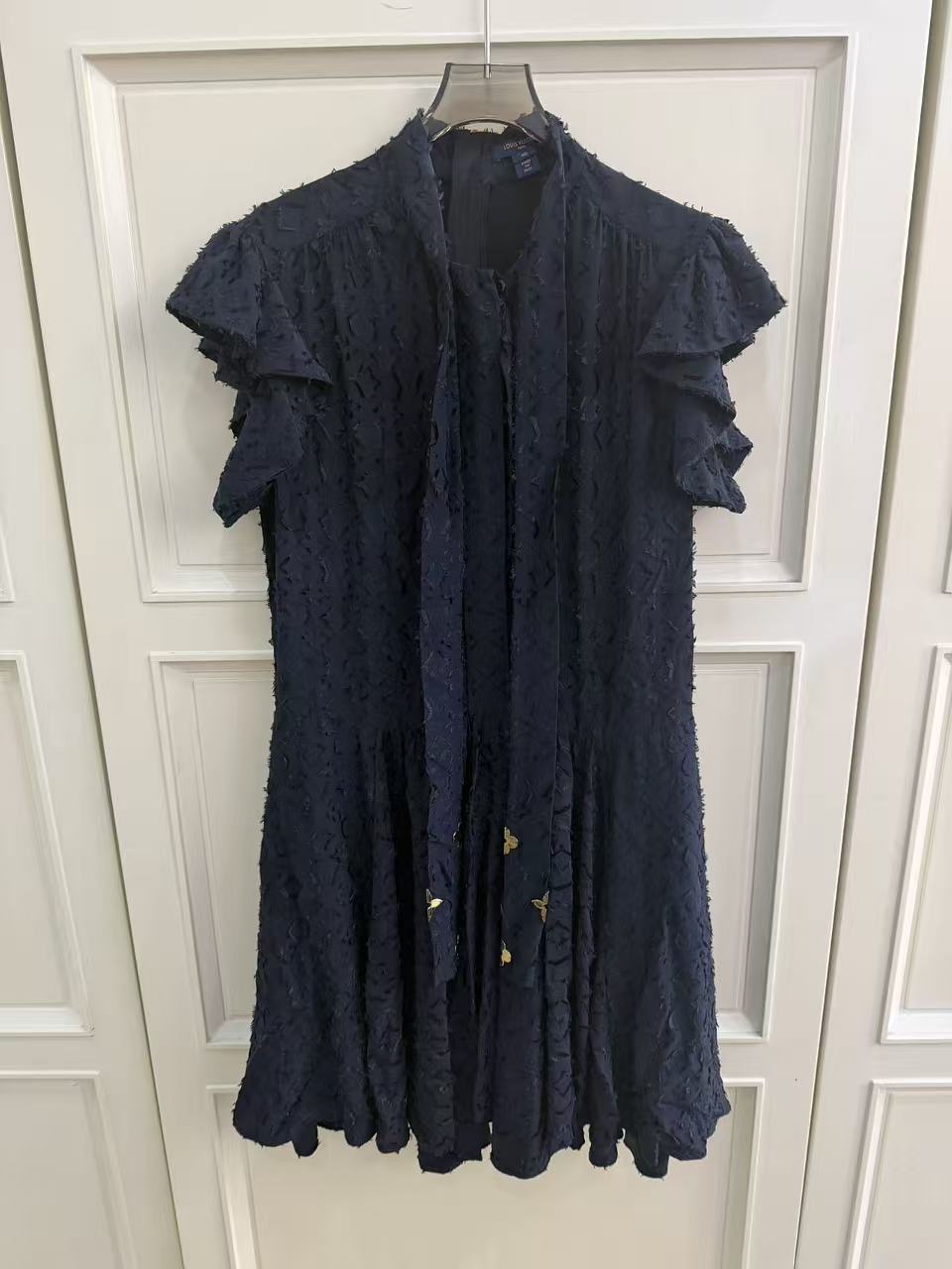 99新 LouisVuitton/路易威登 深蓝色毛边金属片桑蚕丝连衣裙40码 