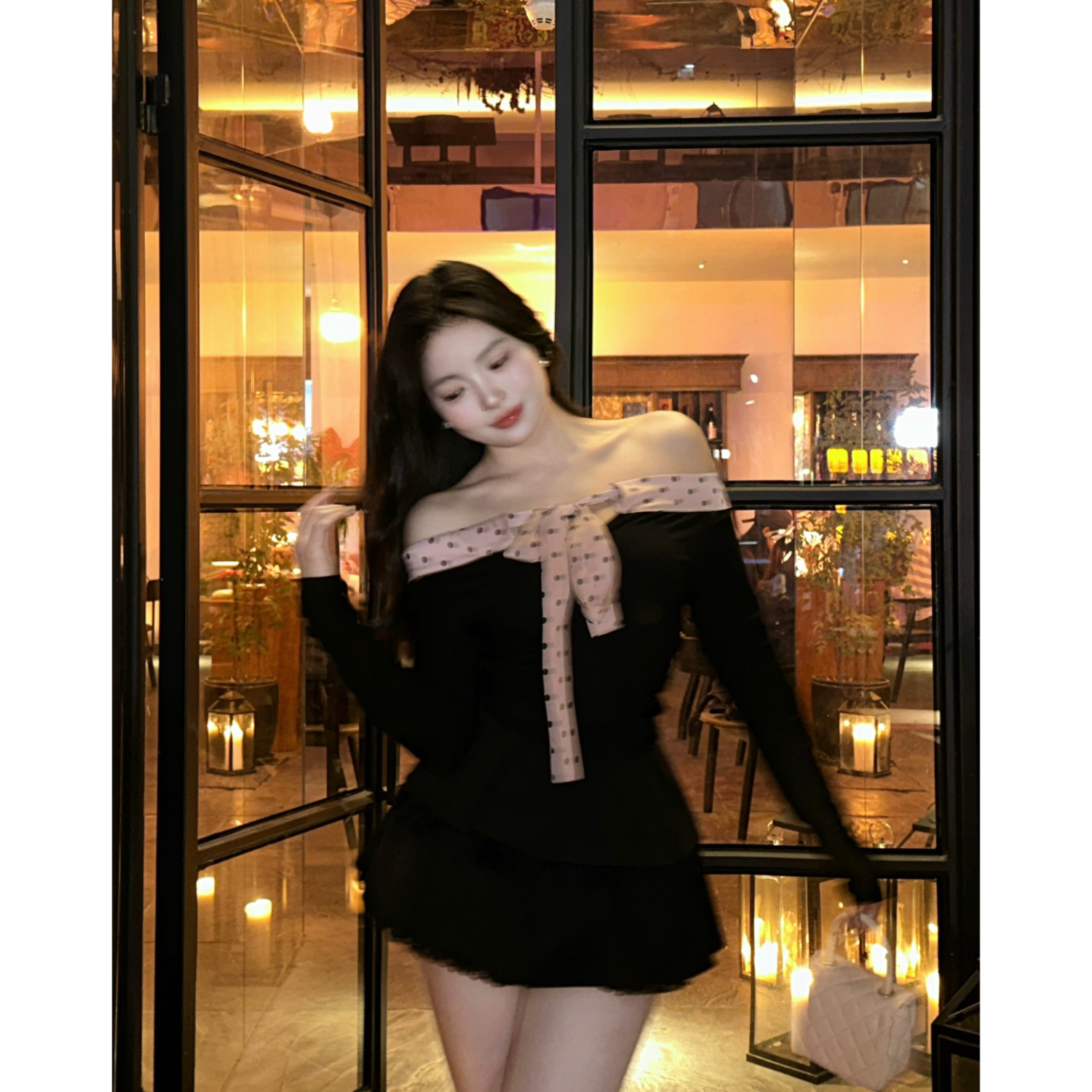 清清萌面侠芝士【韩女法则】收腰显瘦波点一字肩针织上衣4877