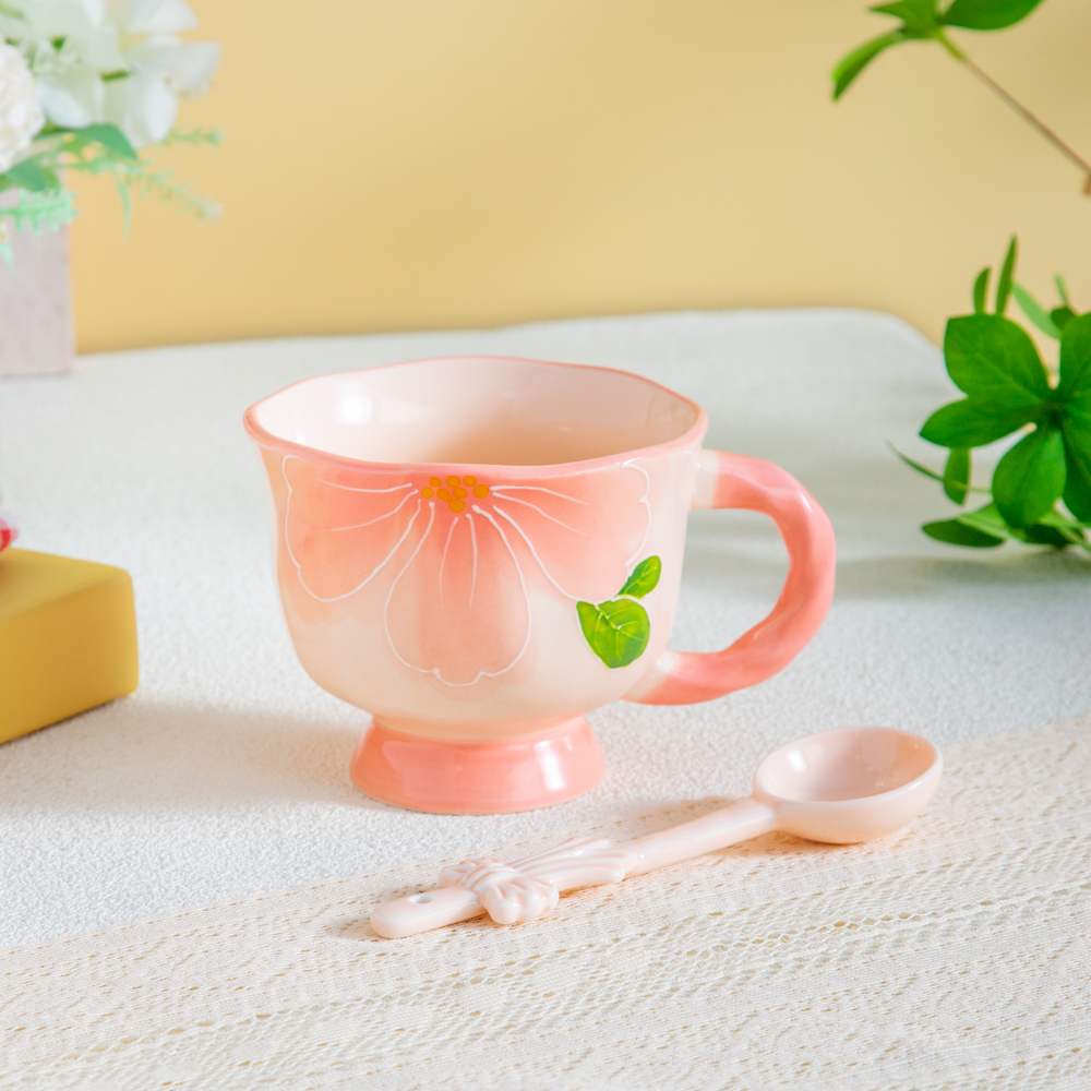 家用陶瓷餐具美二烧釉下彩复古花影家用高级感陶瓷水杯带蝴蝶勺