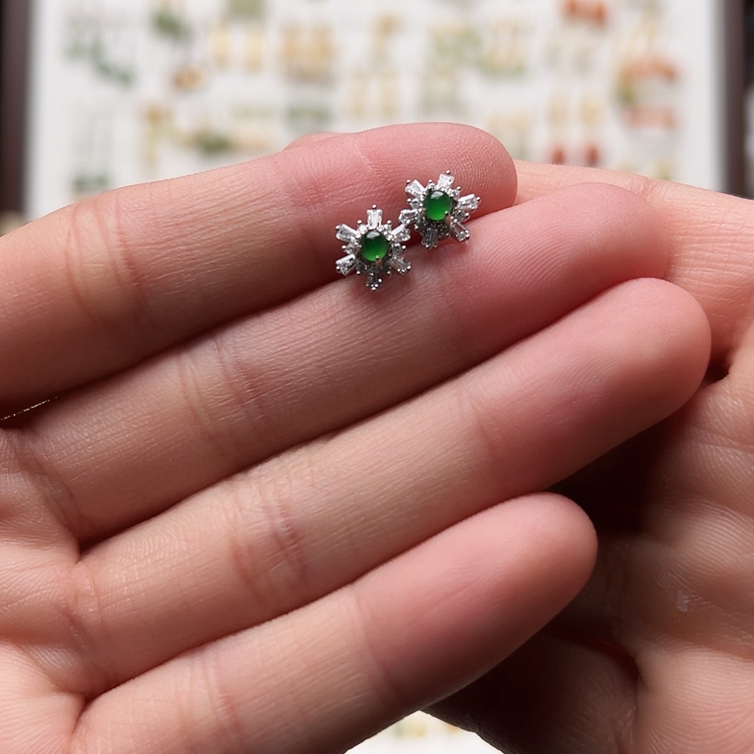 银S925镀金镶嵌和田玉耳钉