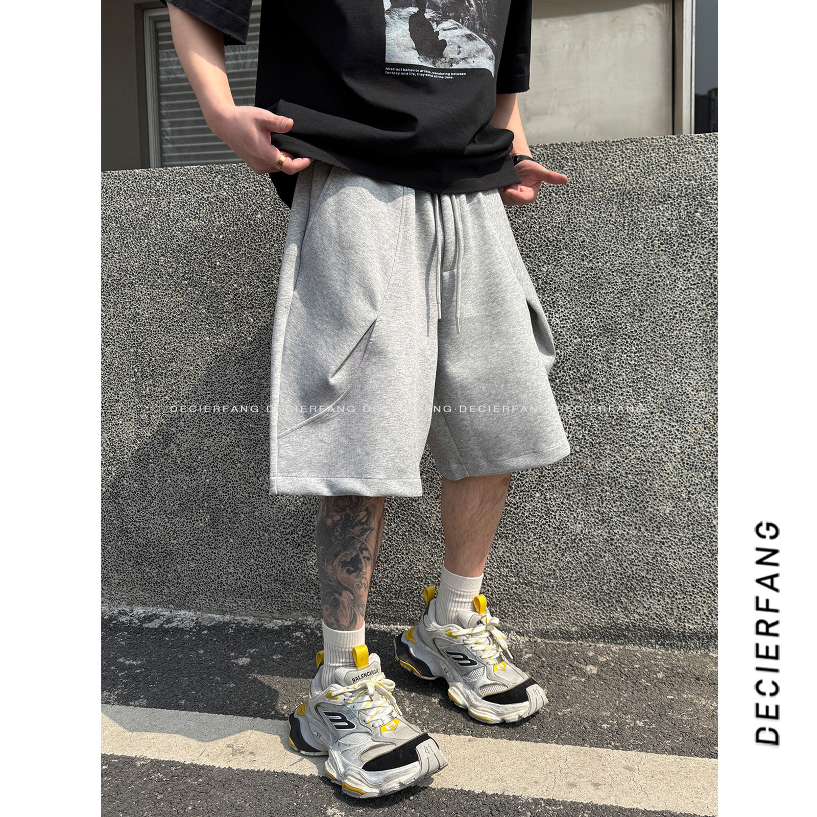 DF【暗褶圆弧剪裁】  宽松挺阔弹力休闲百搭宽松五分裤