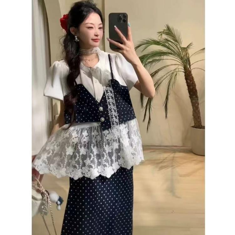 时尚套装御姐风法式假两件上衣时尚套装吊带蕾丝甜美风半身裙9895