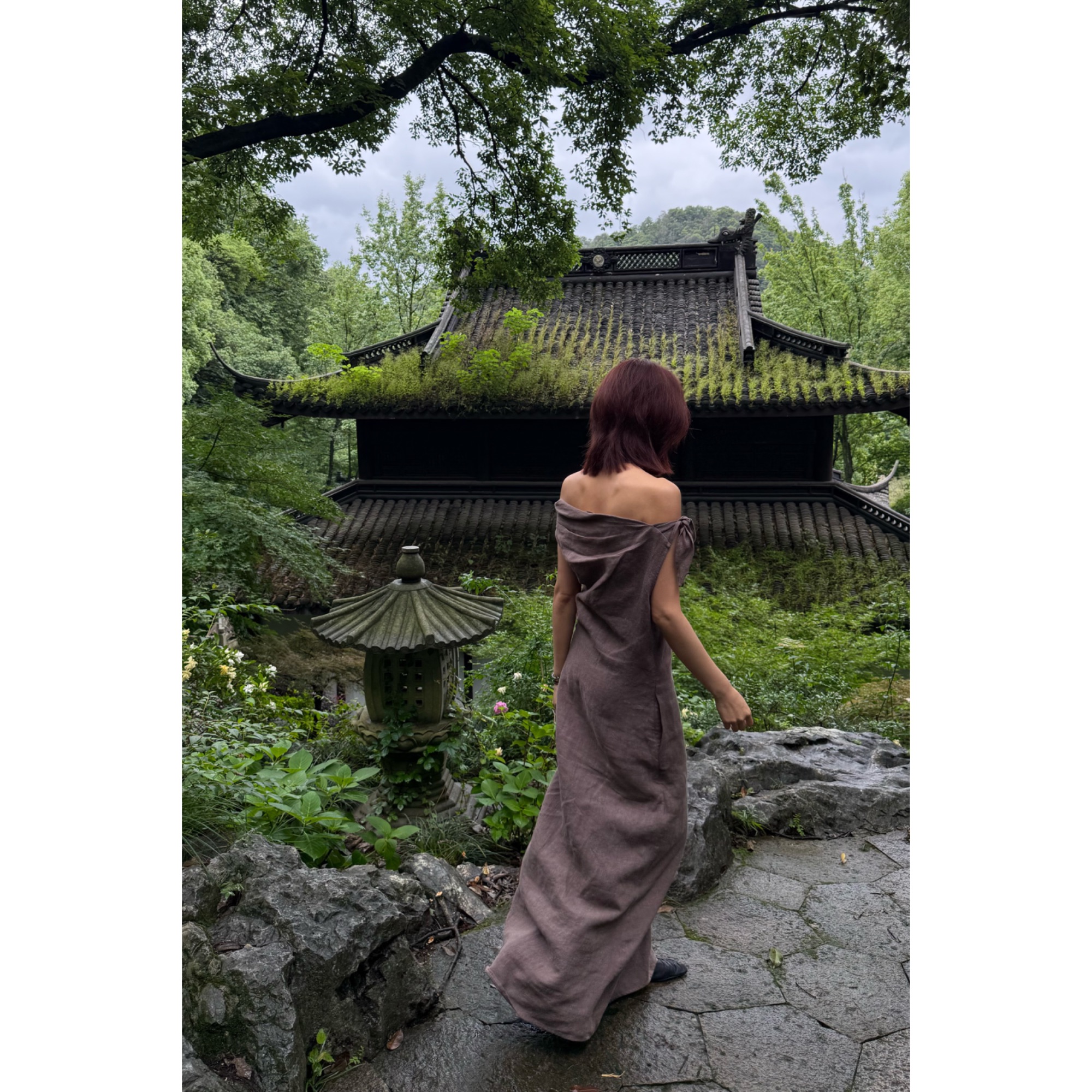 25夏 古朴100%亚麻斜肩连衣裙