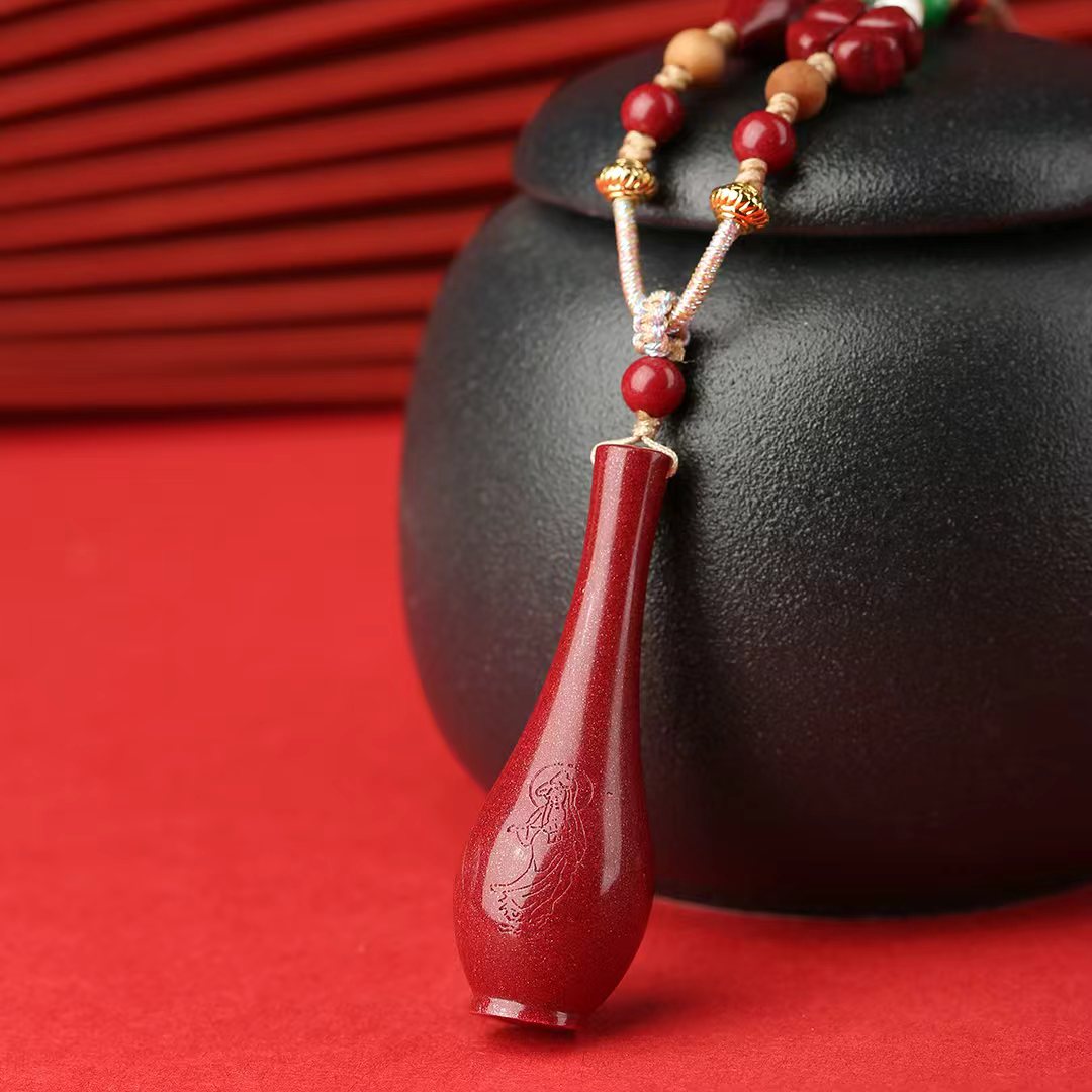 含辰砂工艺品高含量辰砂观音玉净瓶纯手工编制毛衣链吊坠