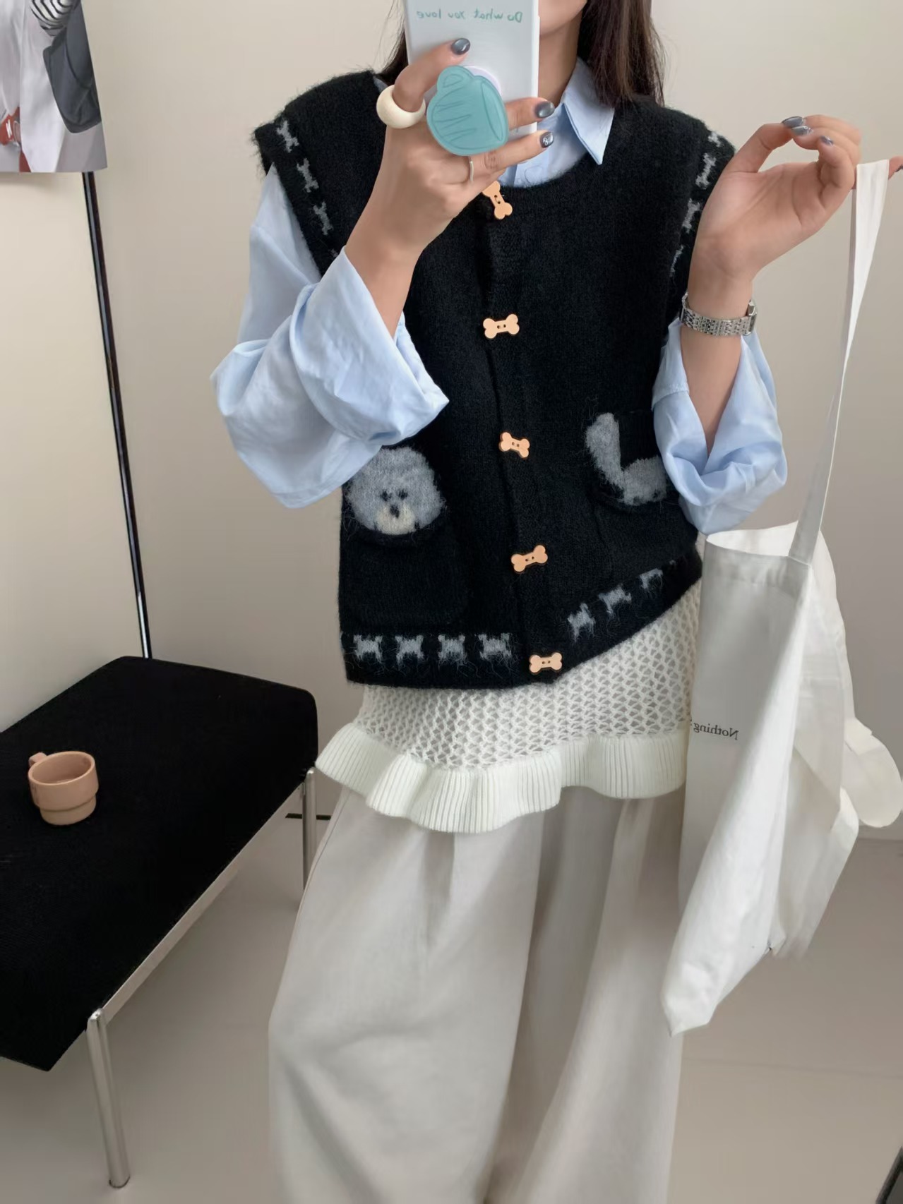 韩系圆领骨头纽扣小狗刺绣针织马甲女2025早秋新款宽松毛衣背心潮